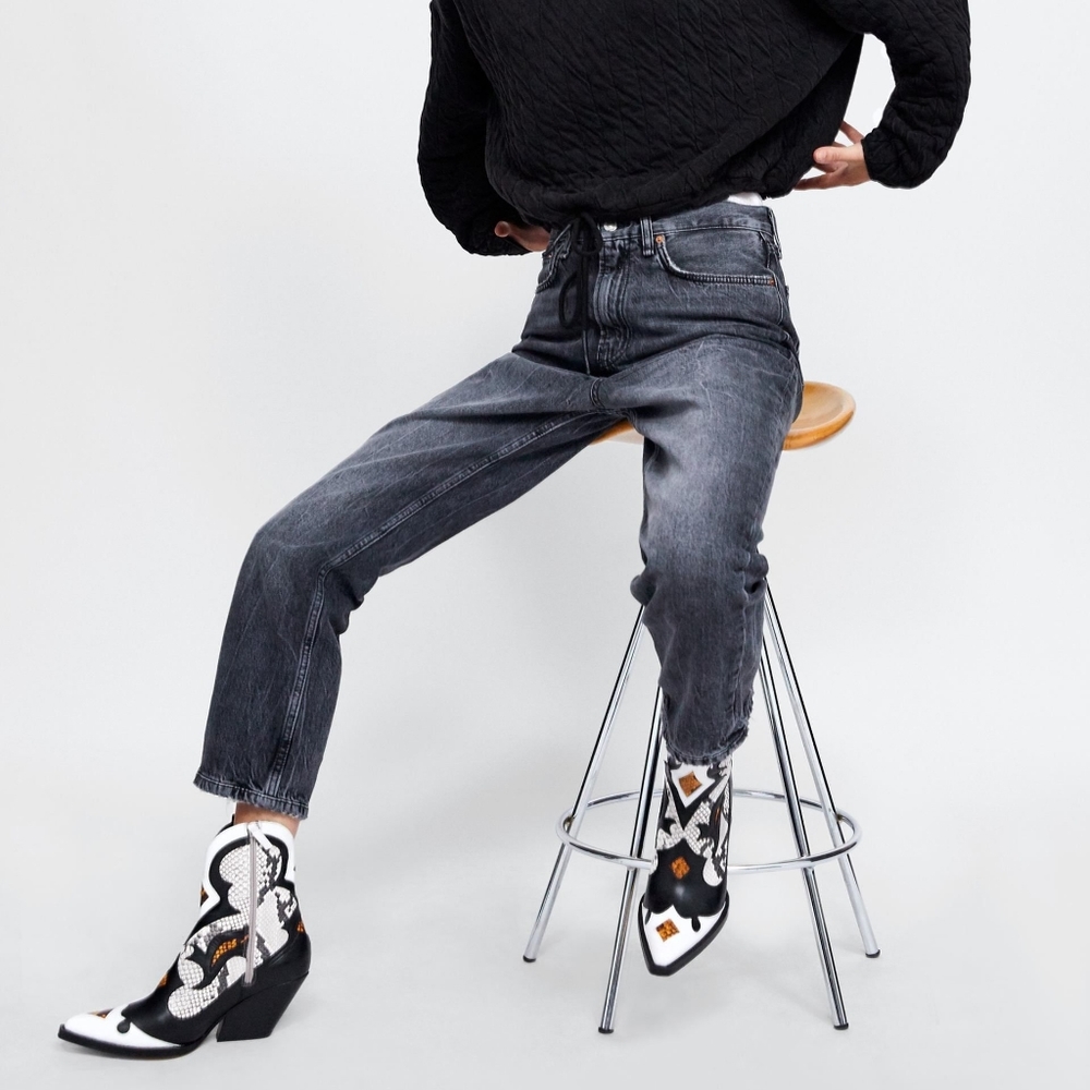 {Zara} Leather Animal Print Snakeskin Cowboy Boot